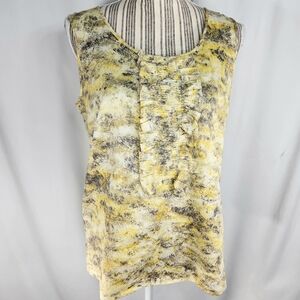 Talbots Yellow Grey White Mottle Print Ruffle Front Sleeveless Cotton Top Size 6